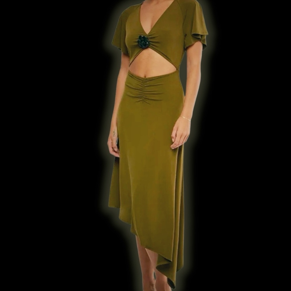 NWT WeWoreWhat ‘Cutout Asymmetric Midi Dress’ in “Military Olive” Size Small